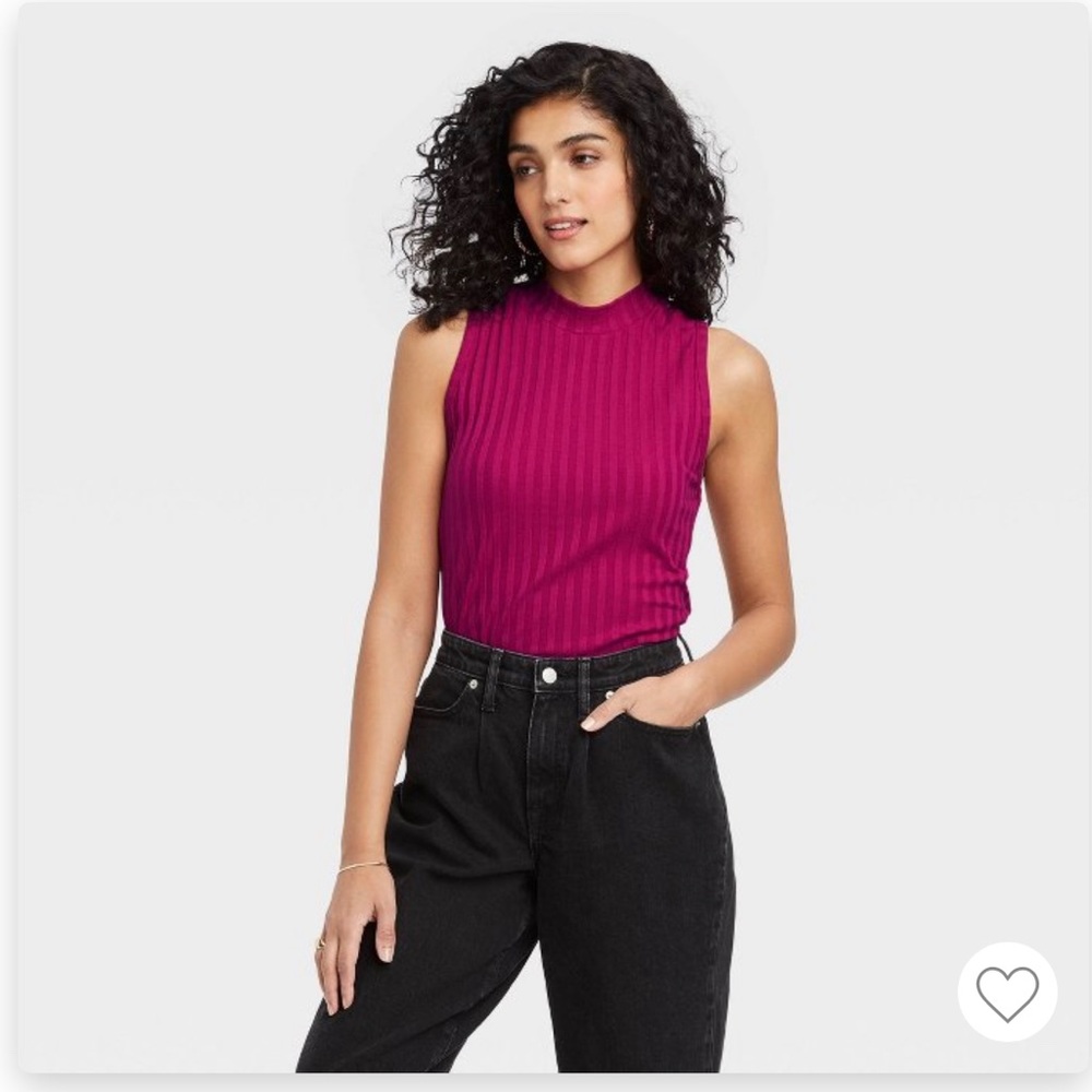 A New Day Mock Neck Ribbed Tank Top Magenta Pink